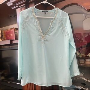 y2k Daisy Fuentes Sheer V-Neck Beaded Tunic Top Women’s Small Long Sleeve Blue